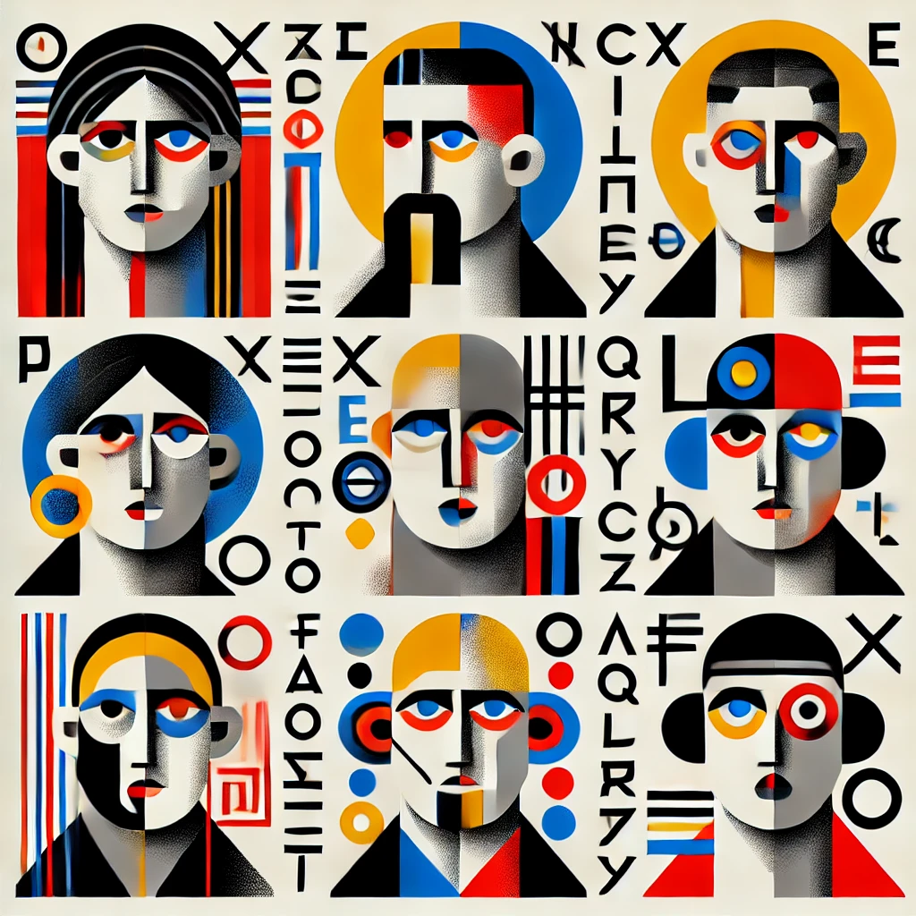 DALL·E 2024-12-14 06.46.09 - A gallery of portraits depicting the martyrs of the Diacritics, styled in the geometric and minimalist manner of Bauhaus design. Each portrait feature.png