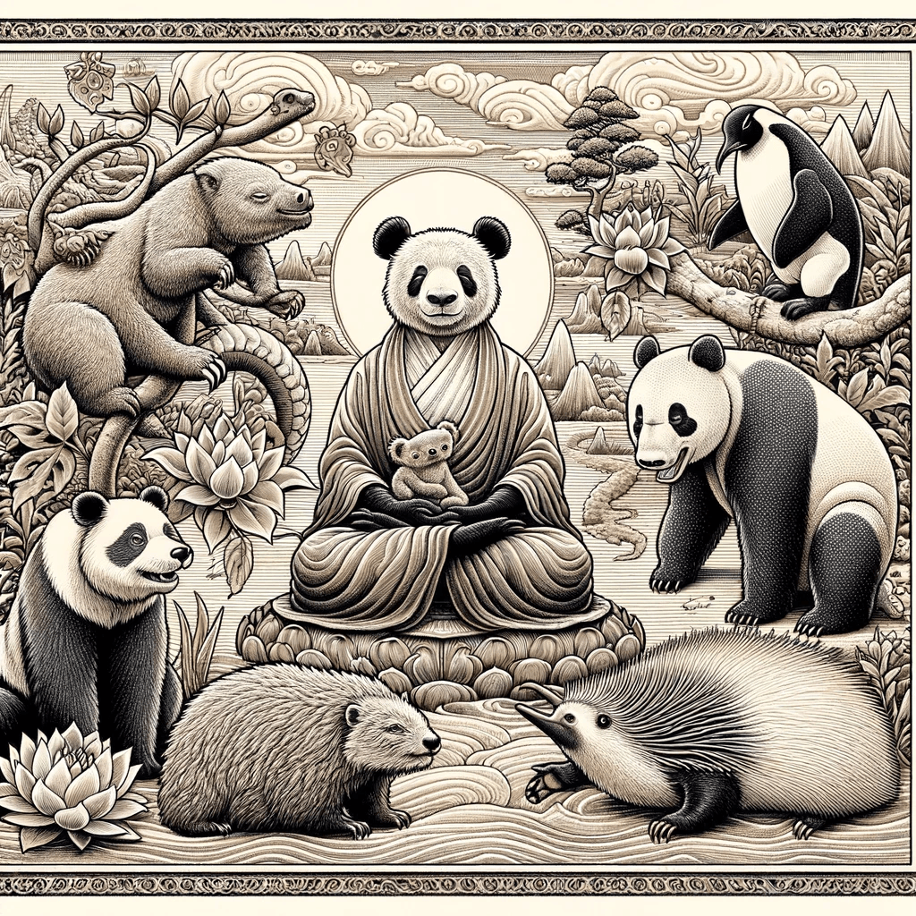 DALL·E 2024-12-14 06.57.52 - A Buddhist-style engraving depicting all pre-cool totem animals, including a sloth, a panda, a capybara, a koala, an emperor penguin, and a hedgehog. .png