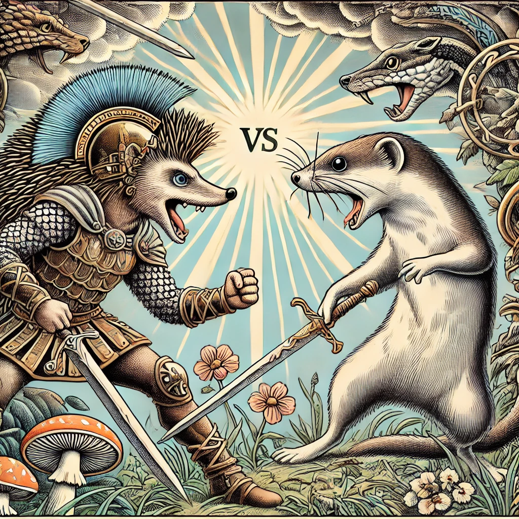 DALL·E 2024-12-14 06.57.56 - A detailed illustration of a battle between a hedgehog and a weasel for a cool world. The scene is depicted in a playful and epic style, showing the h.png